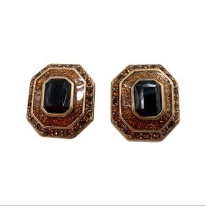 Vintage Bijoux Bronze Black Crystal Jewel Earrings